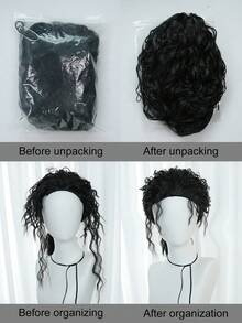 Black Fluffy Curly Ponytail Wig For Men Vintage Rock Style Synthetic Wig For Party Halloween Cosplay Retro Rocker Costume Wig For Stage Performance - Black - View 10