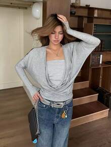 Cowl Neck Striped Top Early Autumn Batwing Sleeve Patchwork Minimalist Sexy Style Long Sleeve T-Shirt - Grey - View 2