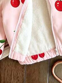 Baby Girl Cherry Print Warm Hooded Jacket - Pink - View 4