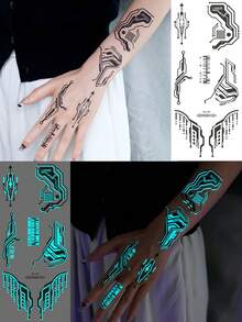 3Sheets Large Luminous Sci-Fi Machinery Design Temporary Tattoo Stickers For Men Women,Waterproof Female Robot Cyberpunk Futuristic Mechanical Line Pattern Glow In Dark Temporary Tattoos Cosplay Mech Party Body Decoration Stickers,Halloween Costume - Multicolor - View 7