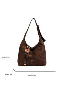Slender Metal Plaque Hardware Detail Large Capacity Compartment Storage Carry-On Items Zipper Closure Relaxed Vintage Style Shoulder Bag Women Shopping Commuting Outing Large Bag Integrated Wide Strap Minimalist Commuting Large Bag - Coffee - View 2