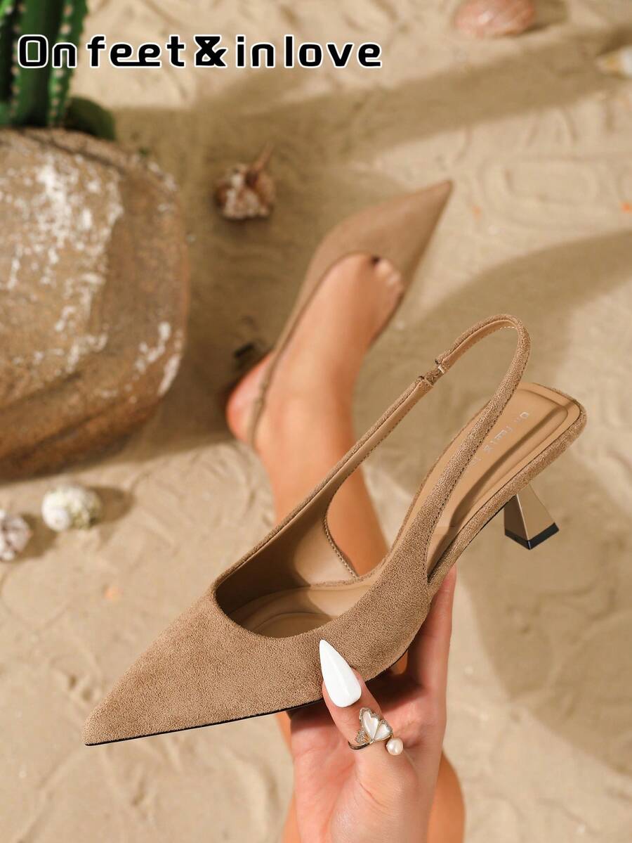 On feet& in love Women's Fashion Elegant Kitten Heel Pointed Toe Closed Toe Slingback High Heel Pumps, Suitable For Party Dress Matching - Mocha Brown - View 1