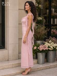 Light Green| Women's Elegant Light Green Sequin Mesh Ruffle Trim Bodycon Maxi Dress - 粉紅色 - 查看 3