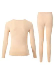 2pcs/Set Women's Thermal Underwear Set, Crew Neck Top + Pants, Winter Base Layer Thermal Top And Leggings - Beige - View 3