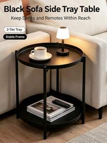 2‑Tier Nordic Small Round Table, Wrought‑Iron Coffee Side Table, Anti‑Slip Raised Tray Edge Design, Available In Black And Gray, Sturdy Iron‑Frame Small Sofa Side Table, Suitable For Indoor Decoration Of Bedrooms, Living Rooms And Apartments - Multicolor - View 9