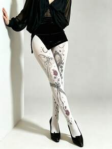 Gothic Asymmetric Print Tights With Mirror Rose And Moth Tattoo-Style Design, Unique Style - Multicolor - View 4