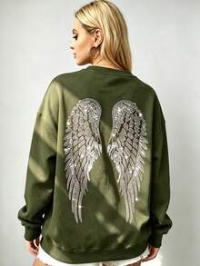 Women's Oversized Angel Wings Print Hoodie - Black Y2K Back Graphic Pullover,  Fall Winter  Streetwear , Comfy Oversized Silhouette2026 - 軍綠色2 - 查看 2
