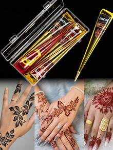 4pcs/Set (1 Hitam + 1 Cokelat + 1 Merah + 1 Merah Tua) Krim Tato Pola Kuku dengan Kotak Penyimpanan, Pasta Lukisan Tato untuk Jari, Lengan dan Tubuh, Tinta Tato Semi-Permanen Berbasis Tanaman - MultiWarna - View 1