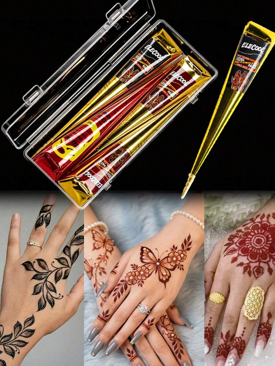 4pcs/Set (1 Hitam + 1 Cokelat + 1 Merah + 1 Merah Tua) Krim Tato Pola Kuku dengan Kotak Penyimpanan, Pasta Lukisan Tato untuk Jari, Lengan dan Tubuh, Tinta Tato Semi-Permanen Berbasis Tanaman - MultiWarna - View 1