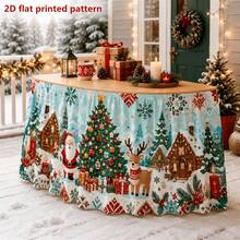 1pc Polyester Printed Tablecloth Table Skirt With Santa Claus, Reindeer, Snow House, Christmas Tree, Gift Box, Candle, Pine Cone, Snowflake Pattern, Suitable For Holiday Dinner, Farmhouse Banquet, Cafe, Home Dining, Christmas Winter Party Decoration - A - View 1