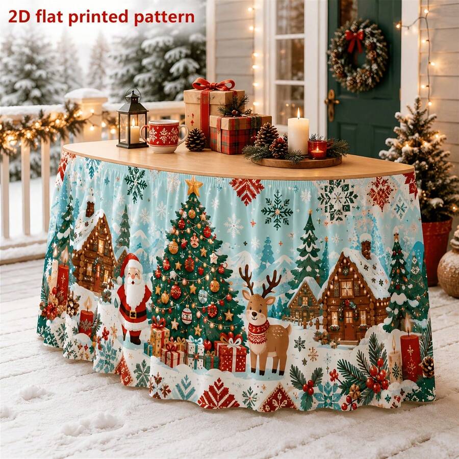 1pc Polyester Printed Tablecloth Table Skirt With Santa Claus, Reindeer, Snow House, Christmas Tree, Gift Box, Candle, Pine Cone, Snowflake Pattern, Suitable For Holiday Dinner, Farmhouse Banquet, Cafe, Home Dining, Christmas Winter Party Decoration - A - View 1