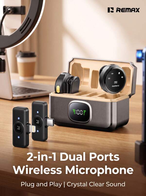 REMAX K22 Magnetic Wireless Microphone, Dual-Port Plug, Noise Cancelling, 1-To-2 Connection, Perfect For Live Streaming
