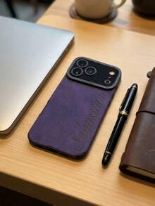Customized Personalized Name Phone Case, Compatible With IPhone 11 12 13 14 15 16 17 18 Pro Max Plus 17 Air, Korean Luxury Soft PU Leather, 3D DIY Engraved Letter Initial Name, Camera Shockproof Protective Shell, Holiday Gift For Lovers, Friends, Family, Yourself - Purple - View 4