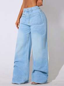 Celana Jeans Wanita Model Low Waist Wide Leg Casual Biru dengan Kantong Miring dan Lengkung untuk Musim Gugur - Baby Blue - View 4
