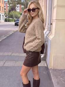 Nicenter Women's Round Neck Vertical Striped Cable Knit Wool Blend Sweater Pullover, Autumn Outfit For Casual Outings, Shopping, Dating And Commuting - Mocha Brown - View 3