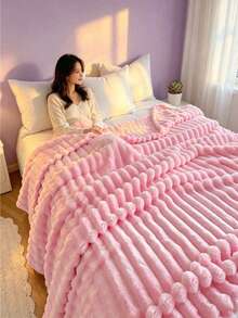 1pc Solid Color Striped Plaid Soft Wool Fleece Blanket, Bedroom Room Decor, All Season Use, Sofa Throw Blanket - Baby Pink - View 3