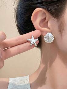 2-12 piezas Pendientes de estrella de mar y concha plateados, adecuados para usar en verano, viajes y vacaciones - Plateado - Ver 7