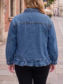 Women's Plus Size Traceable Cotton Ruffle Trim Elegant Denim Jacket Coat Autumn Top Casual - Blue - View 5