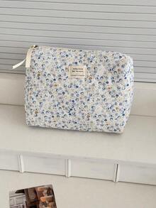 1pc/3pcs Light Blue Quilted Makeup Bag Set With Floral Pattern, Suitable For Travel; Zippered Storage Bag With Rope Texture Design For Organizing Cosmetics; Mini Pen Case With Fresh Soft Floral Pattern Design, Specially Designed For Girls, Suitable For Daily Makeup, Skincare, Travel And Stationery Storage - Multicolor - View 3