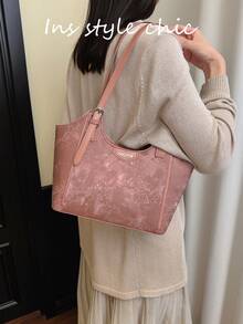Dark Textured Plum Blossom Print Tote Bag, Large Capacity For Books And Laptop, Adjustable Shoulder Strap, Zipper Closure, Artistic New Chinese Style, Shoulder Bag For Daily School, Commute, Work And Outdoor Travel - Pink - View 7