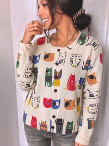 Women's Animal Print Knit Cardigan, Decorated With Cute Cat Print And Button Details, Autumn Outfit, Casual Style Outfit, Office Outfit. Fall - Apricot - View 2