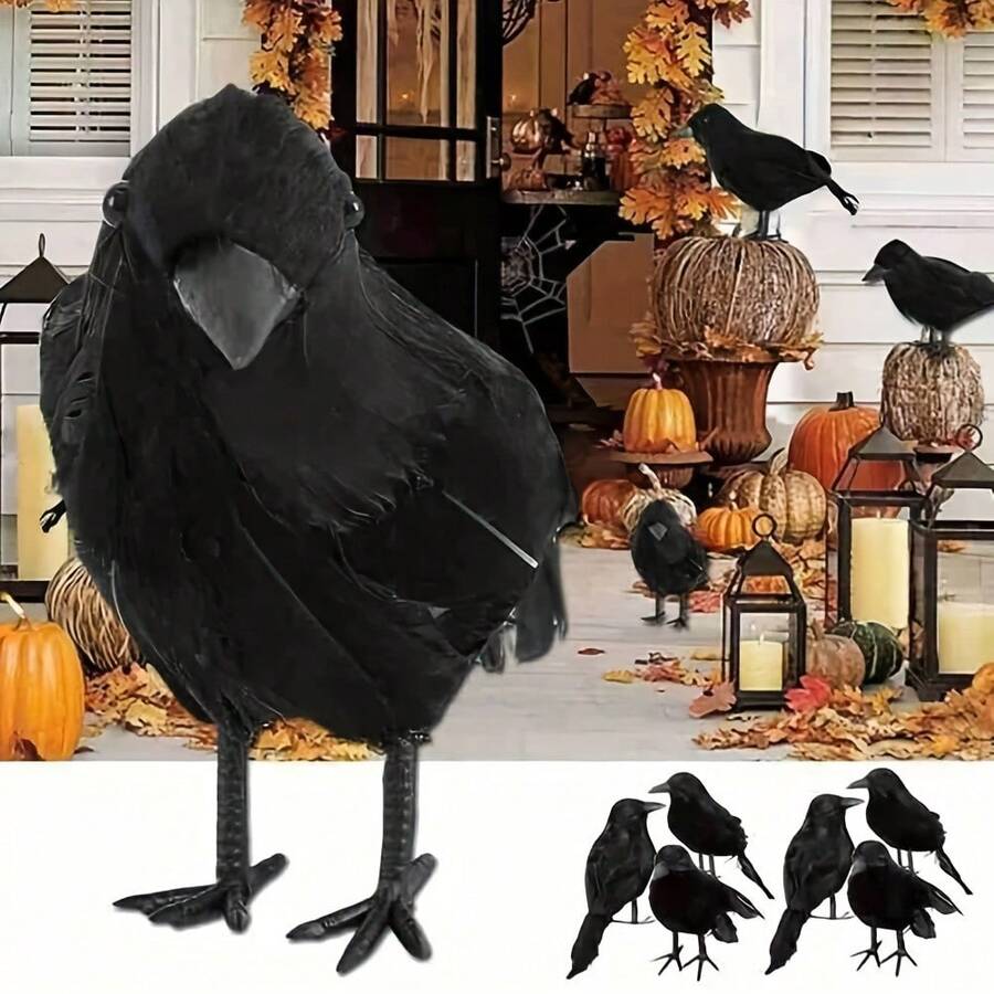 1pc Realistic Crow Outdoor Table Decor, Feather Artificial Crow, Black Artificial Bird, Black Crow Indoor Decoration, Halloween Crow Ornament - Multicolor - View 1