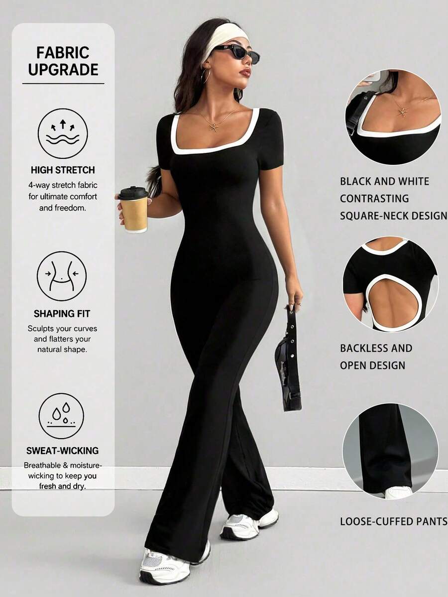VENORA Contrast Trim Square Neck Cut Out Back Short Sleeve Flare Jumpsuit, Slim Fit High Waist Bodycon Jumpsuit For Daily Sports,Fall,Gym - Black - View 1