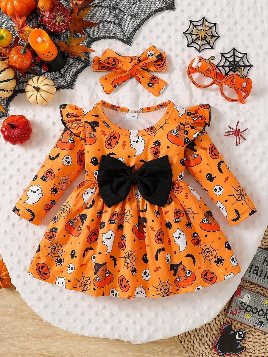 Baby Girl Autumn/Winter Halloween Orange Cute Ghost Pumpkin Spider Web Pattern Flutter Sleeve Long Sleeve Patchwork Black Big Bow Dress And Matching Headband, Suitable For Halloween Holiday Wear - Multicolor - View 1
