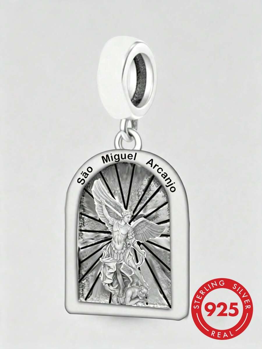 1件 S925 純銀拱形復古壓紋大天使米迦勒吊墜,附葡萄牙文銘文,宗教守護祝福 DIY 手鍊大孔珠飾配件 - 銀色 - 查看 1