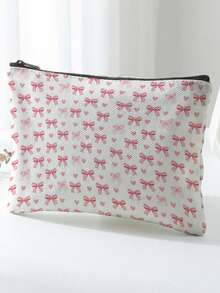 1pc Pink Bow Print Makeup Bag, Zipper Closure Portable Toiletry Organizer Storage Bag For Small Items For Daily Use Business Trip Travel - MLH - View 3