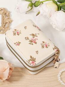 Fashionable Women's Printed Simple Wallet, Coin Bag, Double Zipper Portable Short Bag, Large Capacity Multifunctional Card Bag Wallet - Beige - View 5