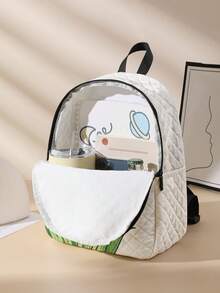 1pc Diamond Pattern Backpack, School Bag, Storage Bag, Travel Storage Backpack, Floral Print Design, Large Capacity Foldable Easy Storage Bag, Lightweight Burden Reduction, Reinforced Shoulder Straps + Zipper Closure, Large Capacity Storage More Organized, Convenient And Practical For Retrieving Items, Suitable For Student School Bag, Women's Commuter Backpack, Short Trip Bag, Campus Casual Backpack, Applicable For School Books, Daily Commute, Outdoor Travel - Multicolor - View 4