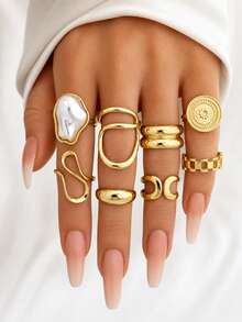 8Pcs/Set Vintage Elegant Faux Pearl Rings Set For Women Irregular Geometric Finger Rings Party Wedding Jewelry Accessories - Yellow Gold - View 2