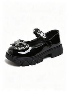 Children's Black Patent Leather Mary Jane Shoes, Girls' Rhinestone Bow Heart Buckle Thick Sole School Shoes - Black - View 2