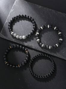 RINTOLER Set de 4 pulseras apilables con cuentas mate para hombres, regalo para el novio - Negro - Ver 3