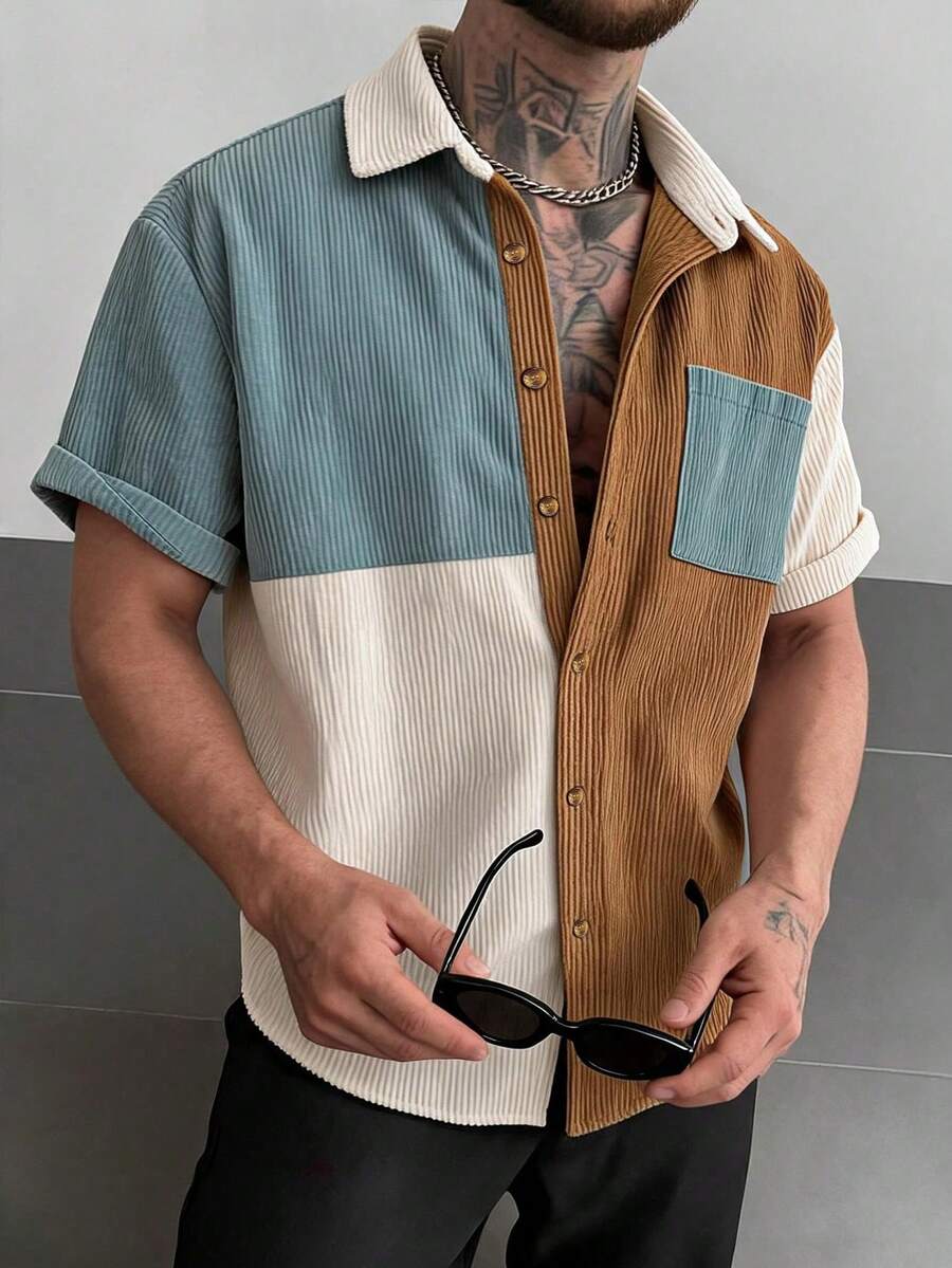 Men's Summer Casual Patchwork Contrast Color Pocket Unique Minimalist Short Sleeve Corduroy Shirt, Suitable For Commuting And Various Occasions - Apricot - View 1