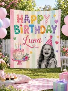 Custom Photo Wall Tapestry, Personalized Birthday Banner With Image And Text, Colorful Party Backdrop Poster, Customized Celebration Decor, Birthday Commemorative Gift, Children Family Friends Room Decoration Personalized Hanging Decor - Multicolor - View 4
