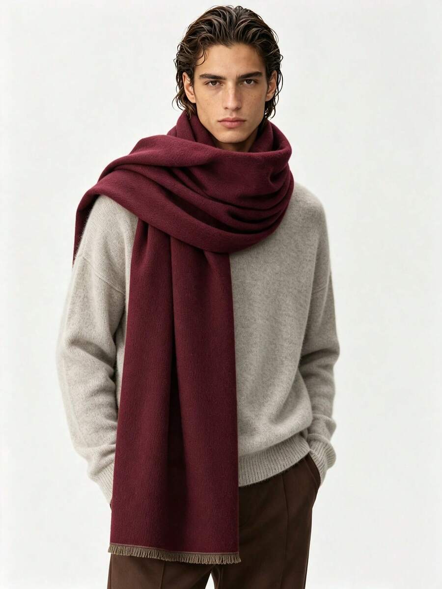 Low-Key Premium Solid Color Men's Long Fur Scarf, Thick Soft Fabric, Intellectual Style Daily Wear Warm Neck Warmer, Oversized Wide Shawl - Burgundy - View 1
