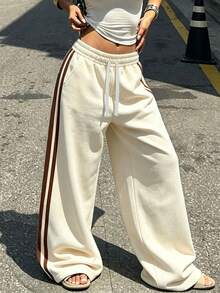 Casual Versatile Side Stripe Wide Leg Sweatpants, Elastic Waist Drawstring Sports Long Pants, Suitable For Daily/Street Style/Fitness Workout Fall - Khaki - View 1