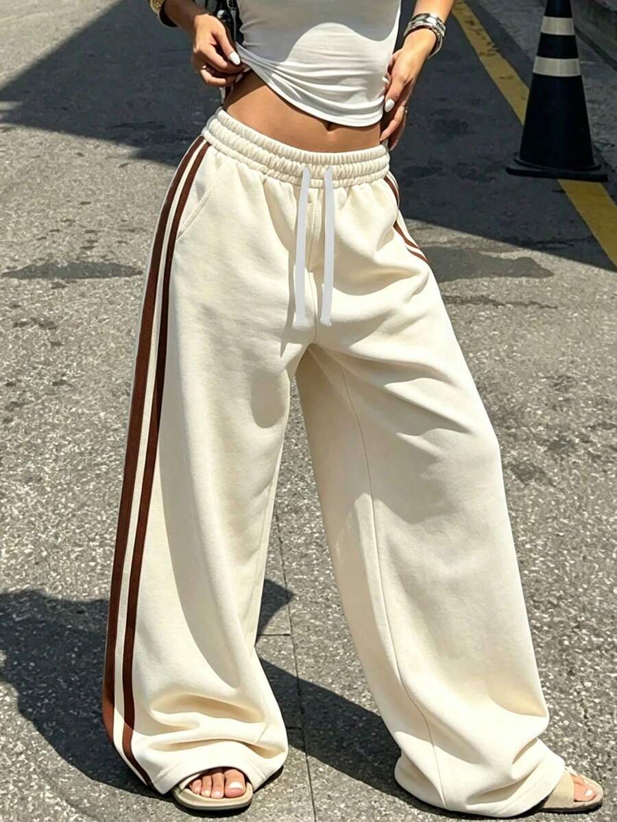 Casual Versatile Side Stripe Wide Leg Sweatpants, Elastic Waist Drawstring Sports Long Pants, Suitable For Daily/Street Style/Fitness Workout Fall - Khaki - View 1