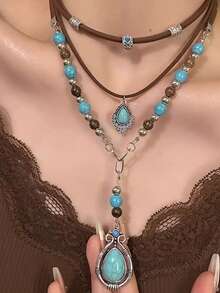 2pcs/Set Bohemian Turquoise Teardrop Layered Necklace Set, Vintage Stackable Necklace, Luxury Beaded Women's Jewelry, Suitable For Daily, Party, Vacation, Gift - Multicolor - View 2