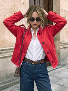 GMFP Women's Red Stand Collar Utility Short Jacket, Casual Commute Style Daily Shopping Commuting Independence Day World Cup Top - Red - View 2