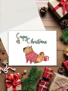 1pc Cute Christmas Card With Envelope, Printed Capybara In Xmas Jumper & Gift Boxes, "Capy Christmas", For Wife, Husband & Animal Lovers, Holiday Gift Exchange, Blank Inside - A - View 4