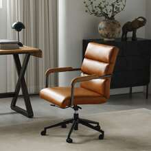 Office Chair Leather Brown - Wooden Arms - Brown - View 1