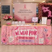 1pc Tablecloth Table Skirt, Pink Ribbon Butterfly Floral Heart Scrapbook Awareness Print Decor, Suitable For Charity Fundraising, Hospital Buffet, Support Booth, Community Event, Health Reception, Counter Decoration - A - View 1
