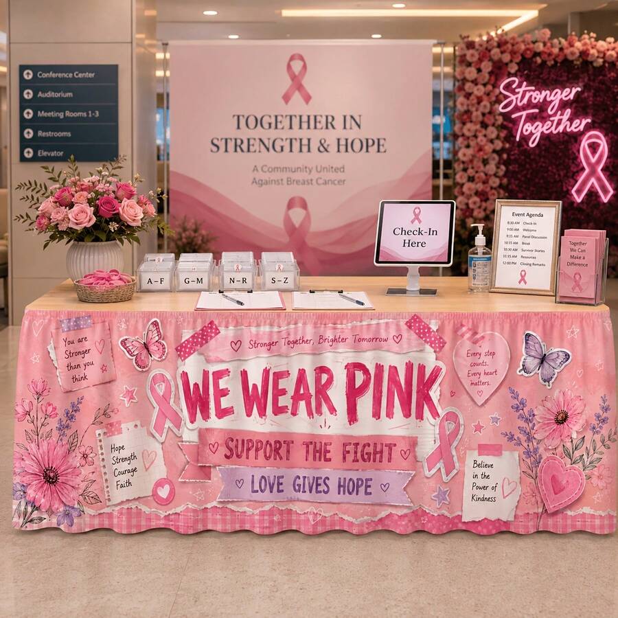 1pc Tablecloth Table Skirt, Pink Ribbon Butterfly Floral Heart Scrapbook Awareness Print Decor, Suitable For Charity Fundraising, Hospital Buffet, Support Booth, Community Event, Health Reception, Counter Decoration - A - View 1