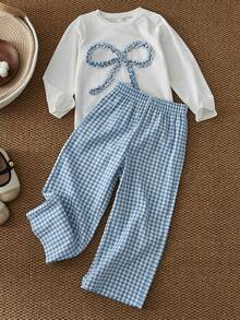 bearleader Girls' Autumn Lace Bow Long Sleeve T-Shirt + Plaid Casual Pants 2 Pieces Set, Suitable For 3-7 Years Old Children Spring Wear - Blue - View 2