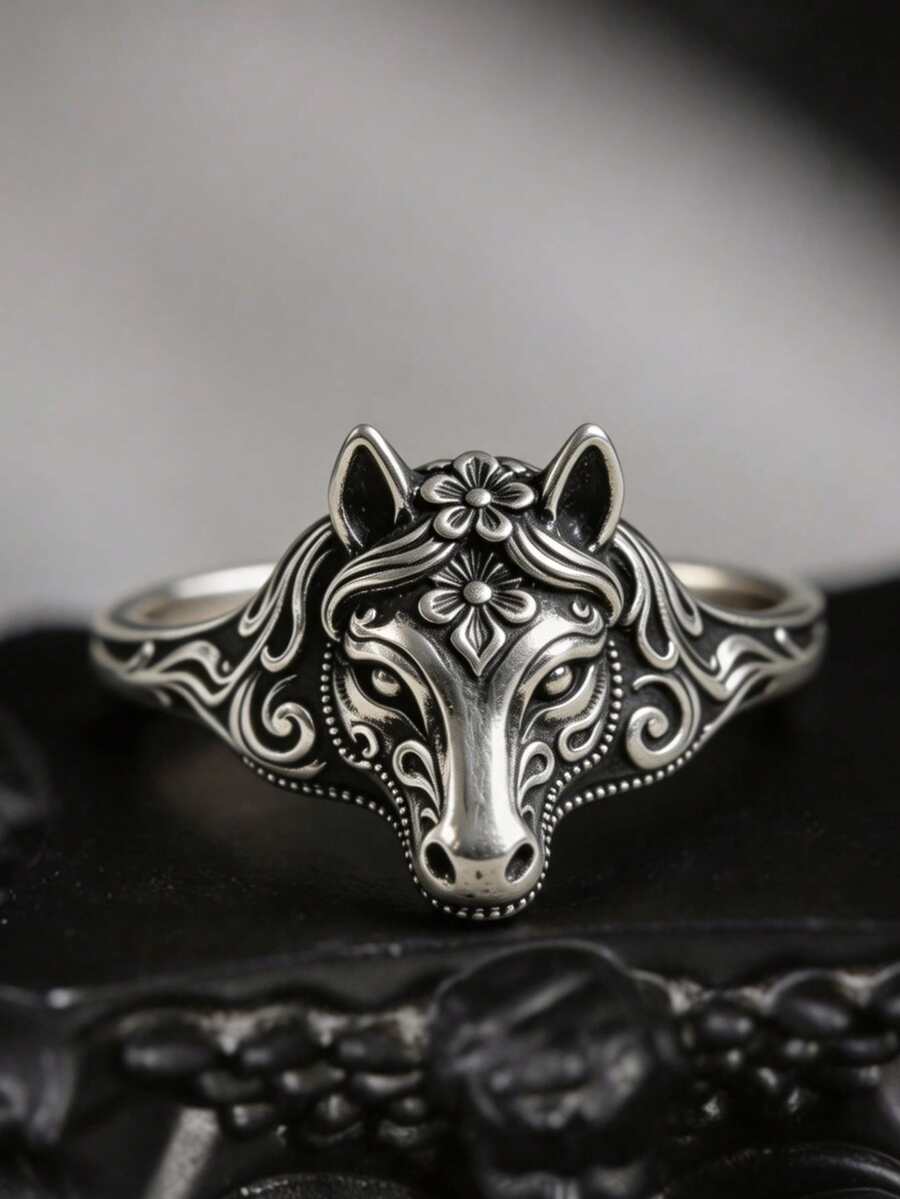 1 Pc Vintage Animal-Themed Ring, Engraved Scroll Animal Pattern, Unisex. No Box. - Antique Silver - View 1