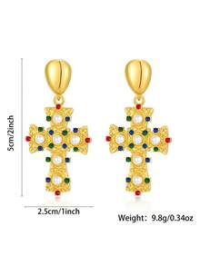 1pair Y2K Colorful Cubic Zirconia Chunky Cross Shape Pendant Earrings For Women,Luxury Vintage Earring Jewelry For Wedding/Vacation/Christmas Day - Large Cross Earrings - View 5