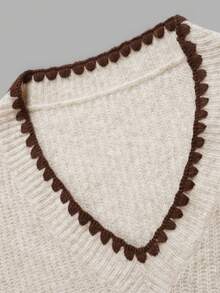 NiceArt Women's Autumn Oatmeal Color Mixed Wool Blend V-Neck Contrast Wave Trim Long Sleeve Loose Ribbed Knit Pullover Sweater, Neutral Soft Casual - Khaki - View 9